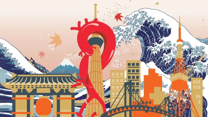 Artistic lithograph of aortic arch wrapped around Tokyo tower, with cityscape and Great Wave of Kanagawa in background 